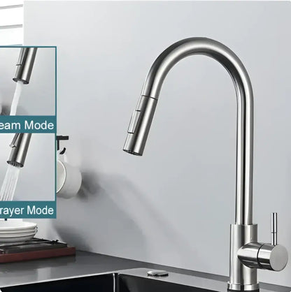 Modern matte black bathroom faucet set featuring a stainless steel faucet with curved spout and pull-down spray head