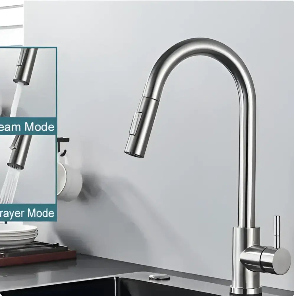 Modern matte black bathroom faucet set featuring a stainless steel faucet with curved spout and pull-down spray head