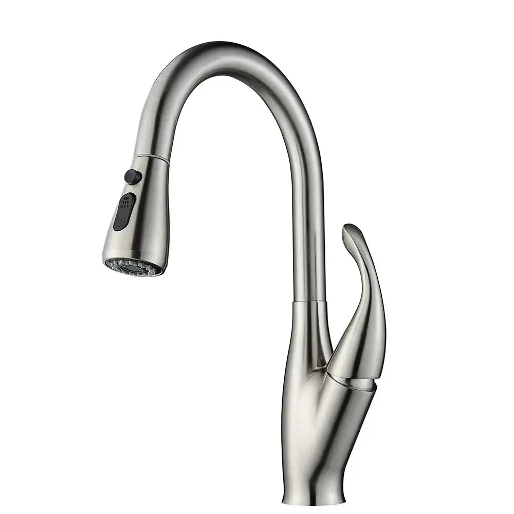 Modern matte black bathroom faucet set with stainless steel faucet featuring a sleek curved spout and pull-down spray head