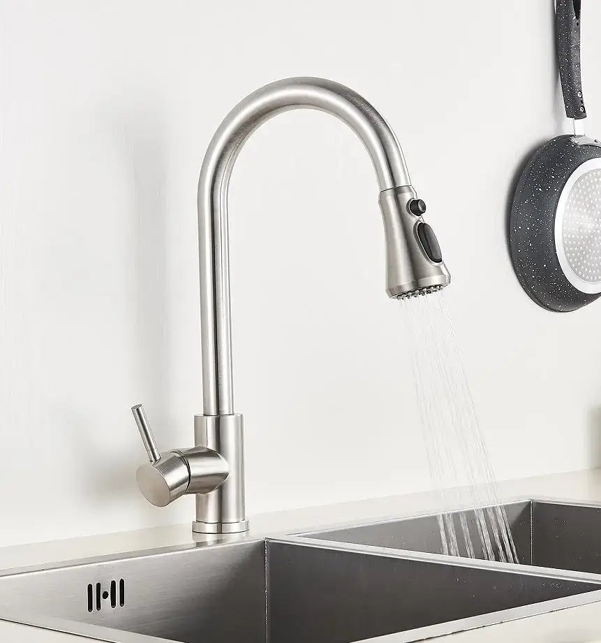 Modern matte black bathroom faucet set with stainless steel curved spout and pull-down spray head bathroom faucet set