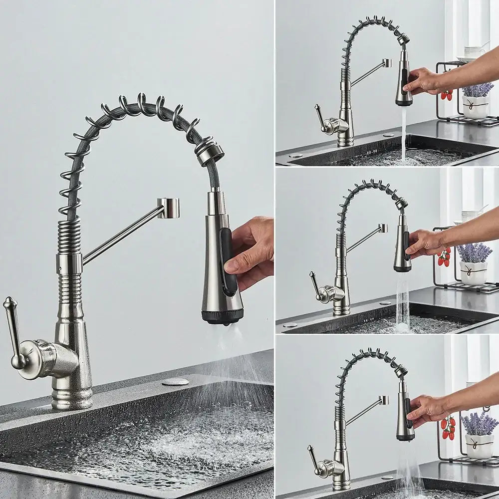 Modern matte black bathroom faucet set with stainless steel pull-down faucet and flexible coiled hose for bathroom use