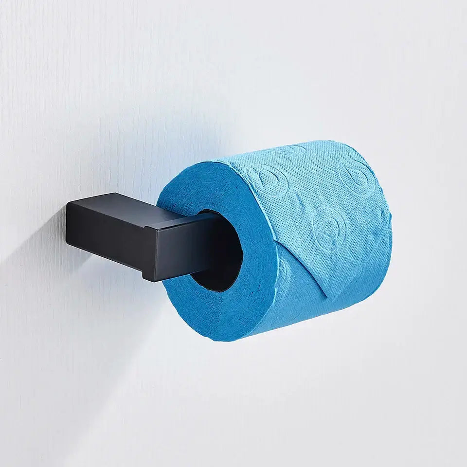 Modern matte black bathroom hardware set featuring a black matte wall-mounted toilet paper holder with bright blue tissue paper