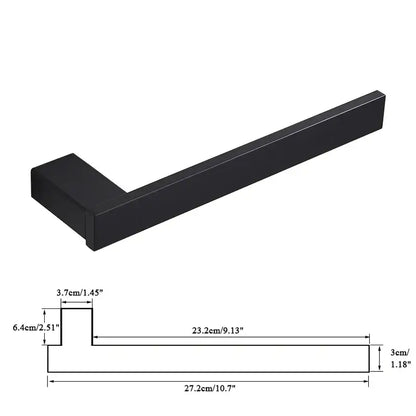 Modern matte black bathroom hardware set featuring a black matte-finished metal square towel rack with sleek rectangular design