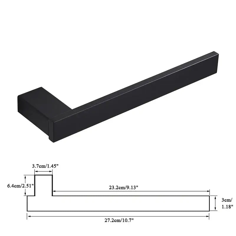 Modern matte black bathroom hardware set featuring a black matte-finished metal square towel rack with sleek rectangular design