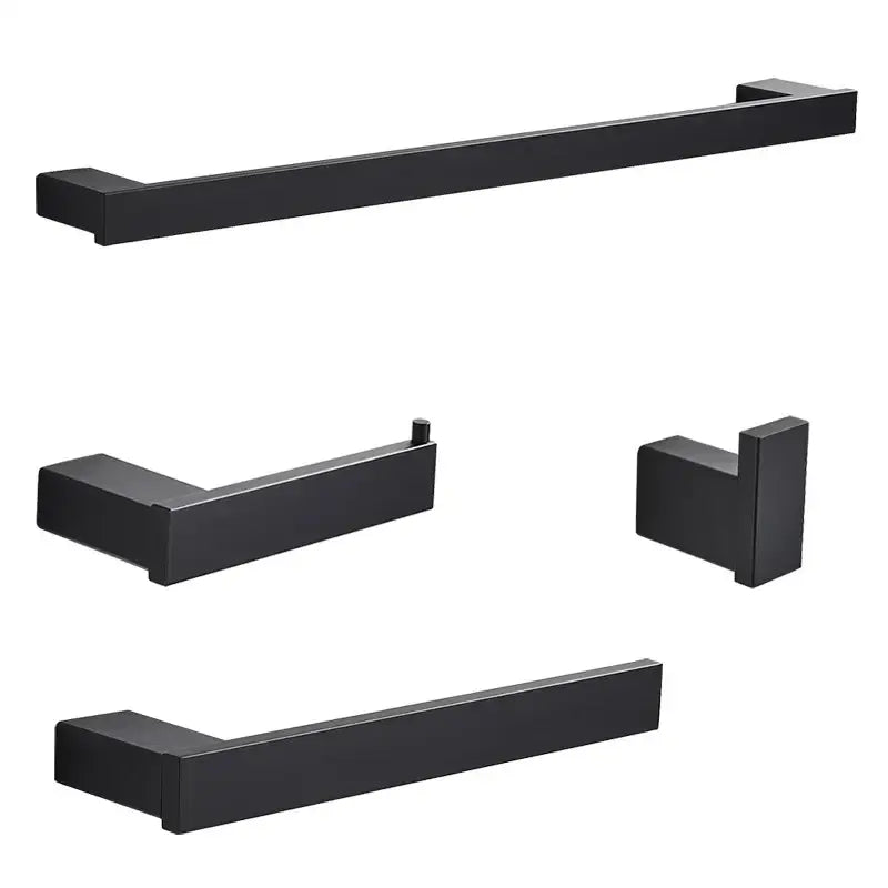Modern matte black bathroom hardware set with square towel rack in black matte-finished metal including towel bar toilet paper holder and hook