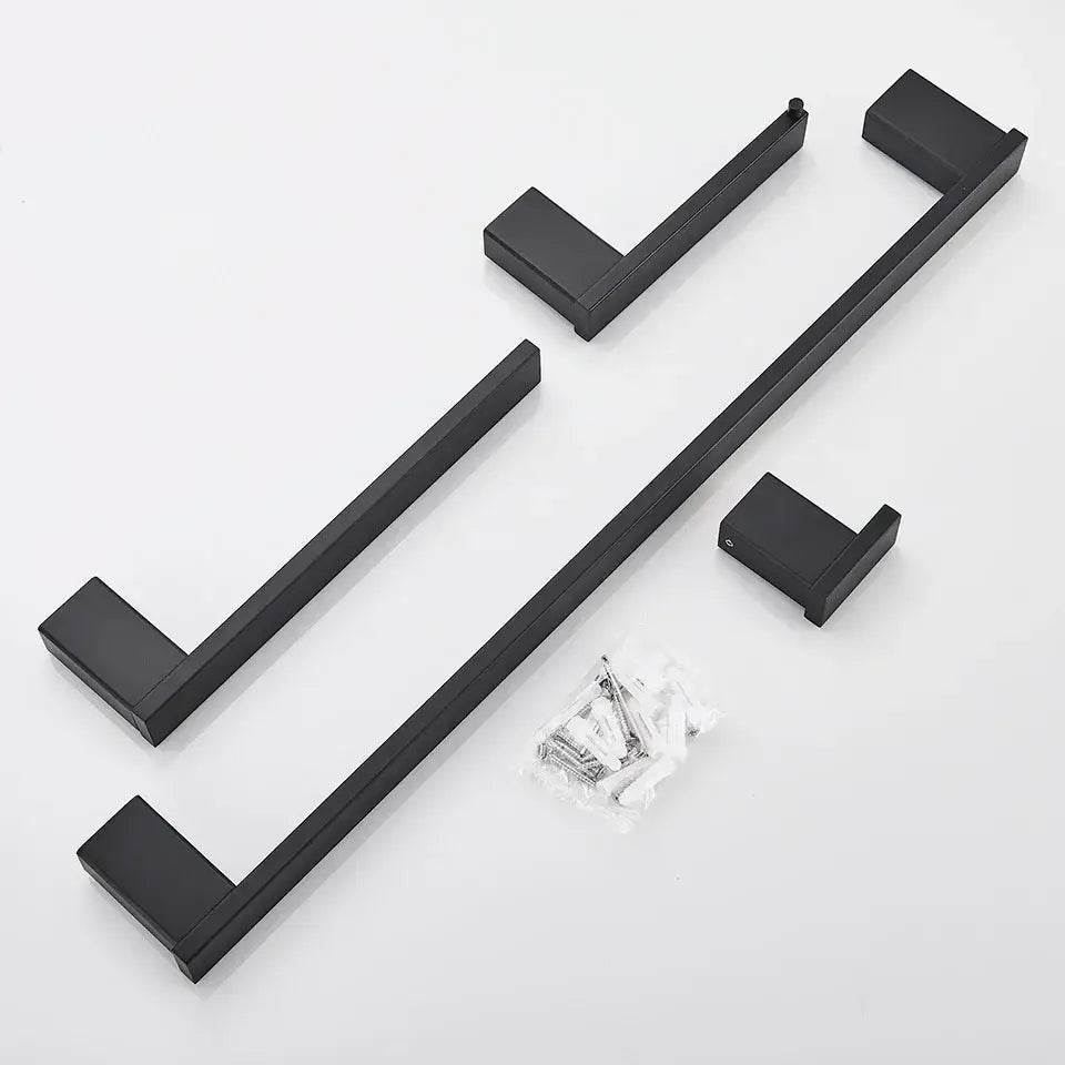 Modern matte black bathroom hardware set featuring a black matte finished metal square towel rack with matching brackets
