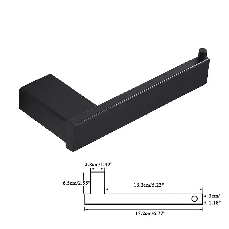 Black matte finished metal toilet paper holder with modern l shaped design in bathroom hardware set