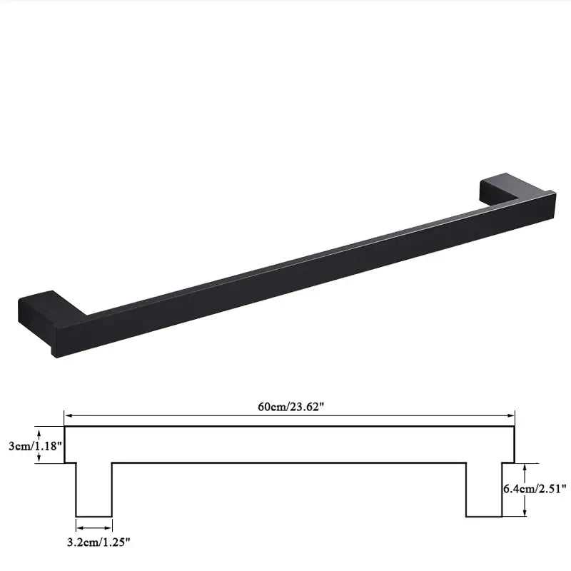 Modern matte black bathroom hardware set featuring a black matte-finished metal towel rack with rectangular ends and precise dimensions