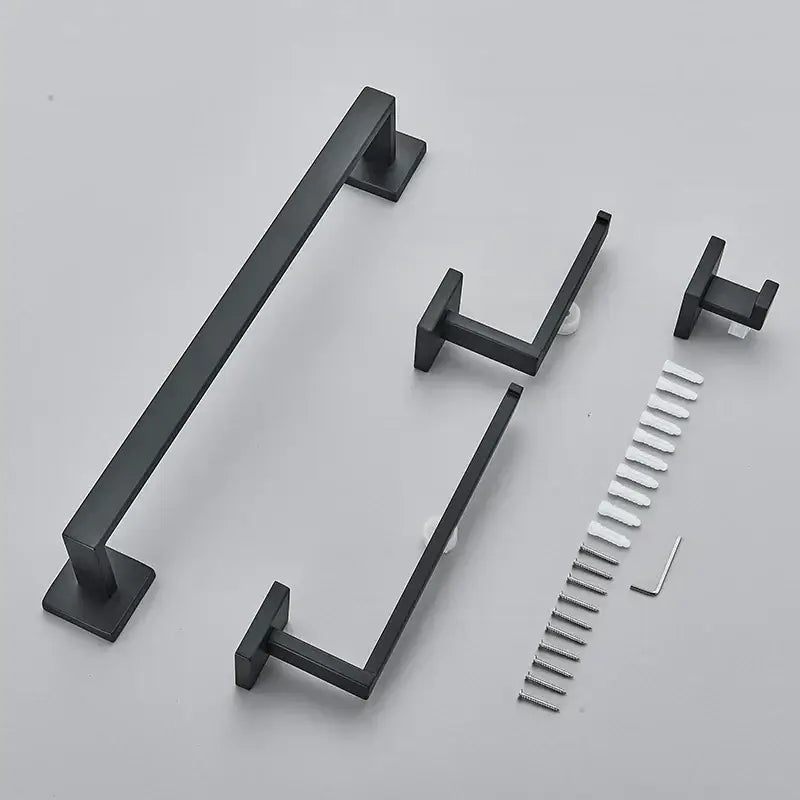 Modern matte black bathroom hardware set featuring a black matte-finished metal towel rack with matching hooks decorbites black bathroom