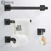 Modern matte black bathroom hardware set featuring a black matte-finished metal towel rack with square brackets