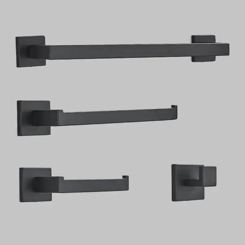 Set of four matte black bathroom hardware pieces including square towel bar toilet paper holder and hook for decorbites black bathroom