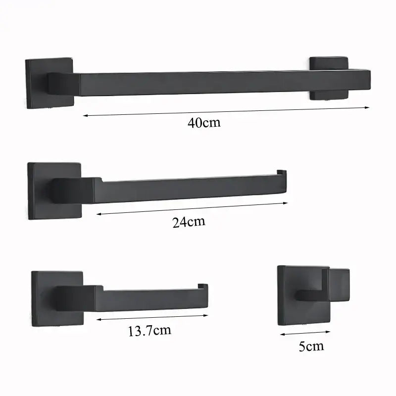 Set of four black matte bathroom hardware pieces with square towel rail for decorbites black bathroom set