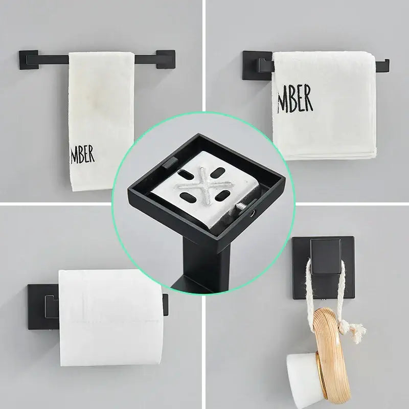 Black metal bathroom towel rack with square design and integrated soap dish in decorbites black bathroom hardware set
