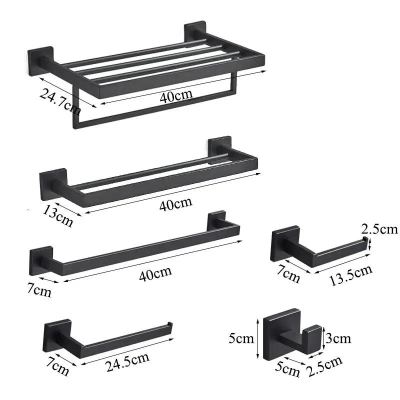 Modern matte black bathroom set featuring a black matte-finished metal towel rack with multiple sizes and gold rod accessories decorbites black bathroom