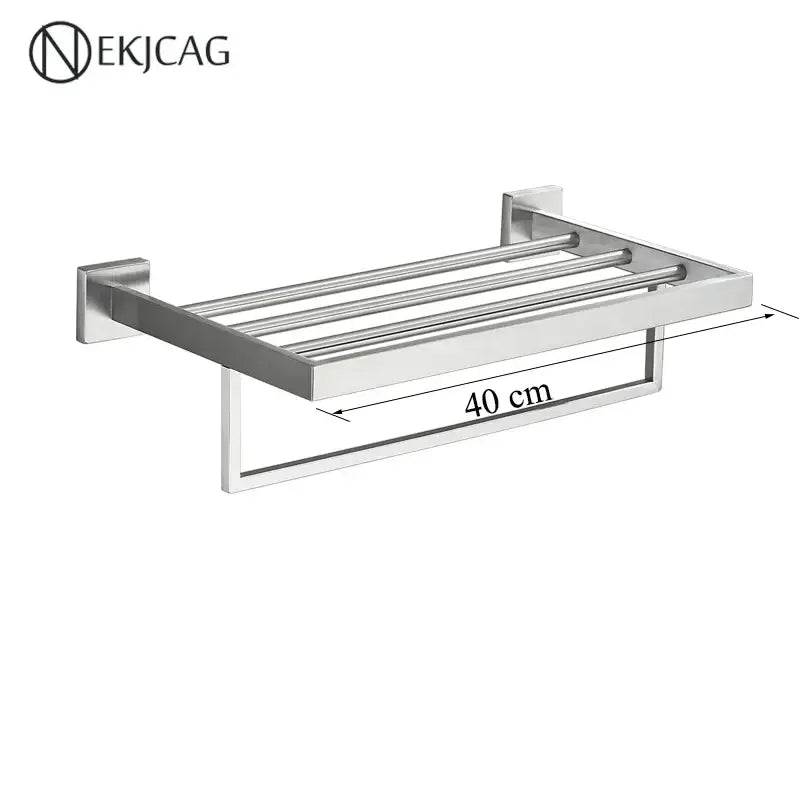 Silver stainless steel double-tier towel rack with four bars and 40 cm width in decorbites black bathroom set