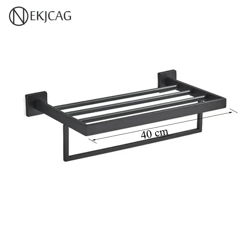 Modern matte black bathroom set featuring a black matte-finished metal towel rack with four horizontal bars decorbites black bathroom