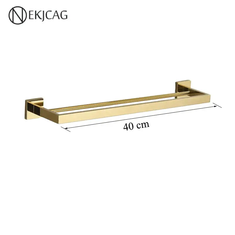 Gold-finished double-tier towel rack with modern design 40 cm length in decorbites black bathroom set with gold rod accessories