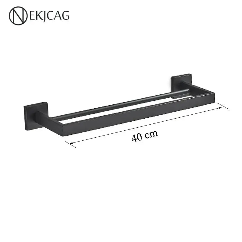 Modern matte black bathroom set featuring a decorbites black bathroom double towel rack with matte finish and square mounts