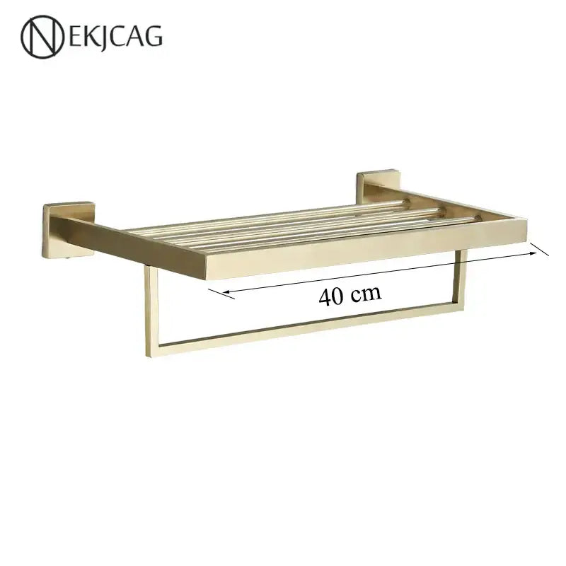 Gold-finished metal towel rack with sleek modern design 40 cm length in decorbites black bathroom set with gold rod accessories