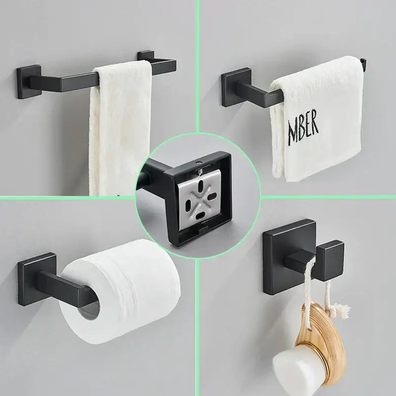 Modern matte black bathroom set by decorbites featuring black matte hardware with towel bars hooks and toilet paper holder