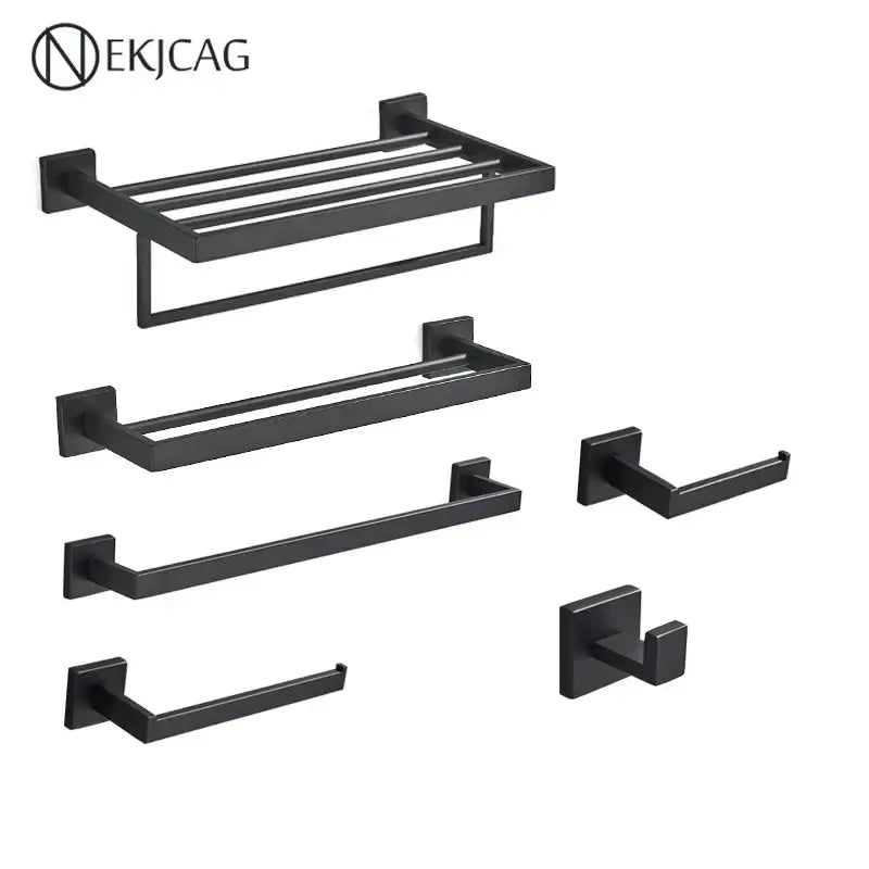Modern matte black bathroom set by nekjcag featuring a black matte-finished metal towel rack for decorbites black bathroom