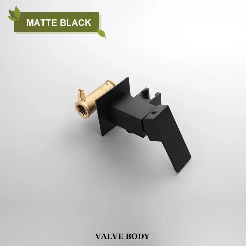 Matte black bidet faucet shower mixer valve body with brass threaded connection shown from the back side