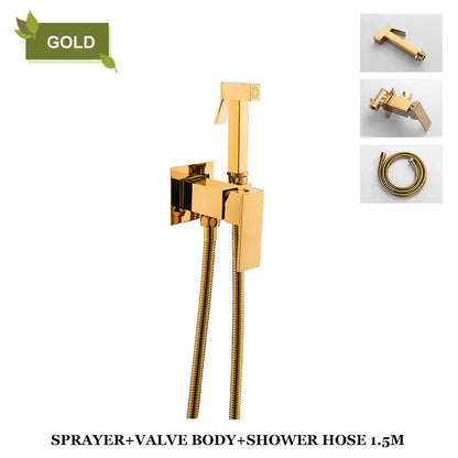 Gold-finished bidet faucet shower with sleek modern design and matching valve body for bathroom use