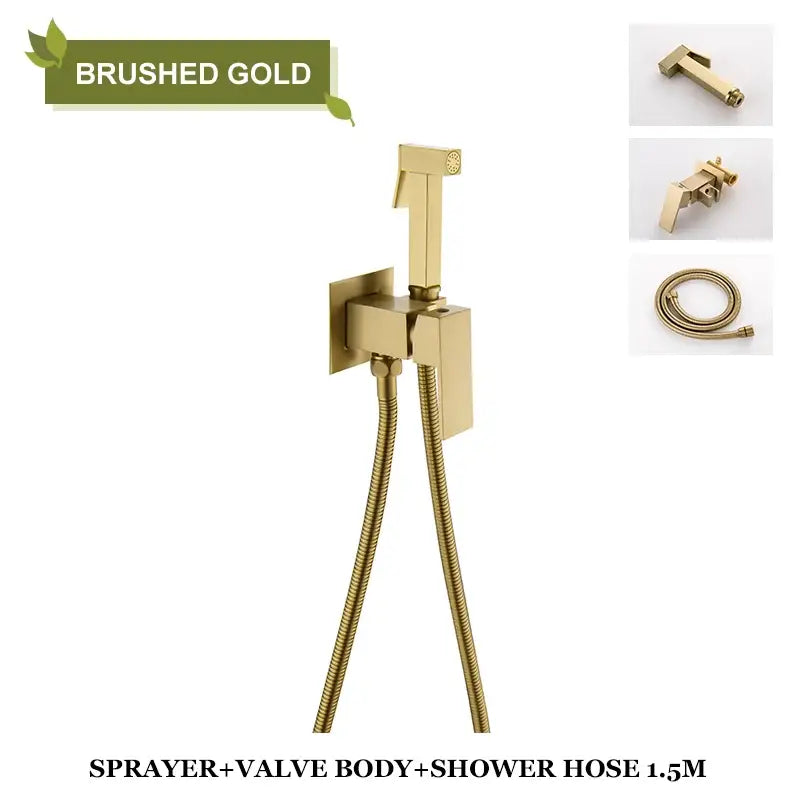 Modern matte black bidet faucet shower mixer with brushed gold handheld sprayer square valve body and flexible hose
