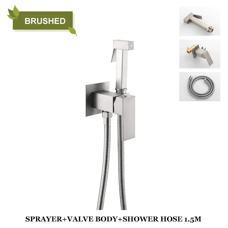 Brushed stainless steel wall-mounted bidet faucet shower mixer with sleek design and 1.5-meter flexible hose