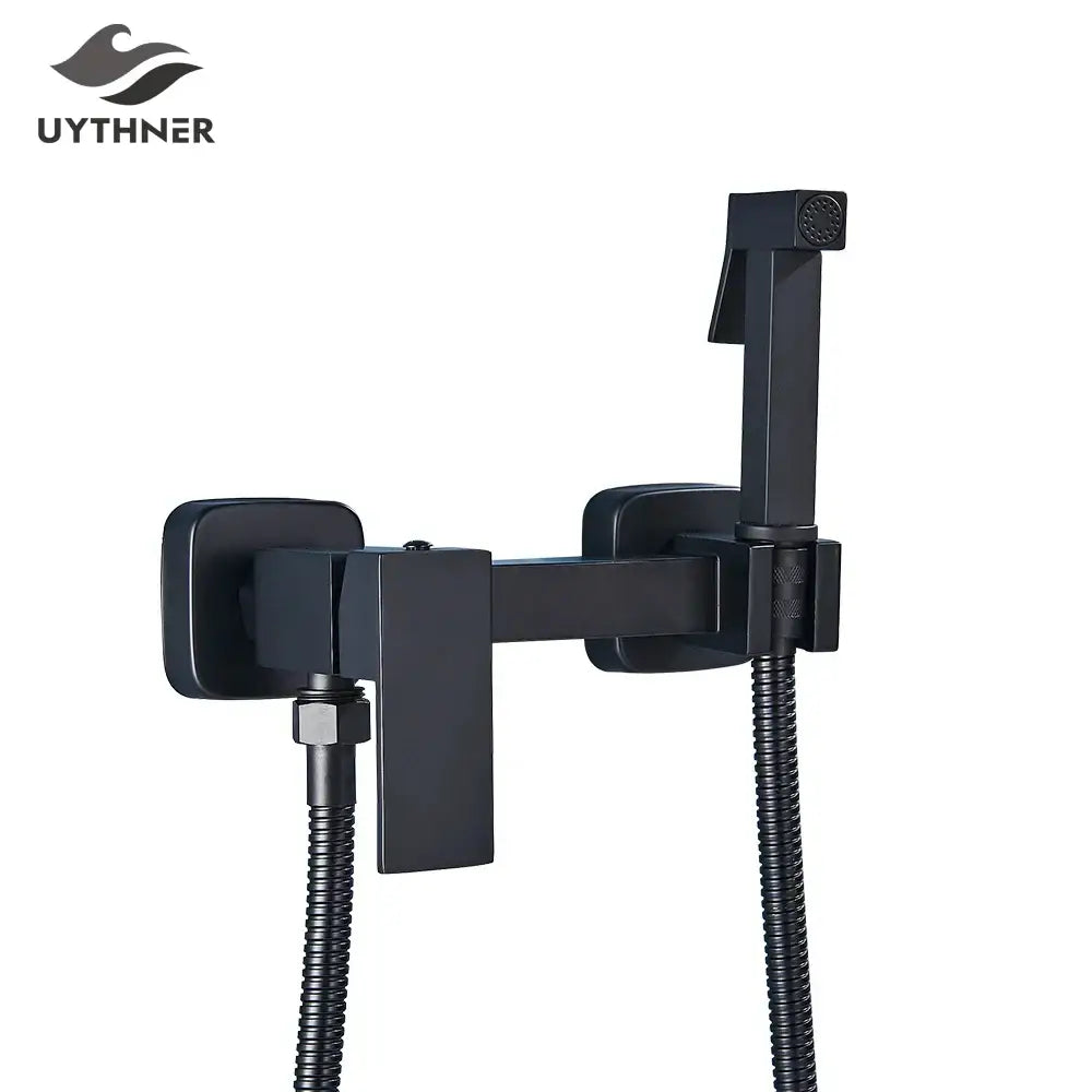 Modern matte black bidet shower faucet set with black matte finish, sleek design, and two flexible hoses by decorbites