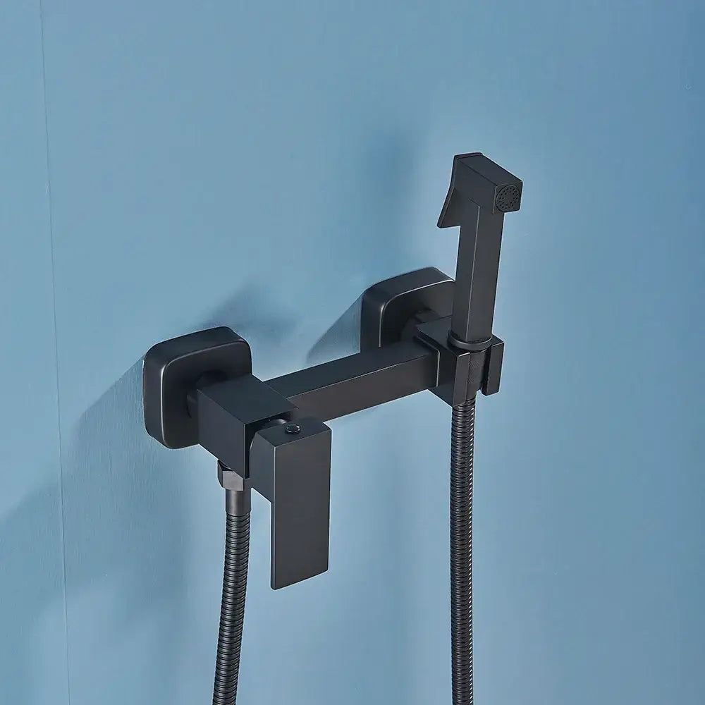 Modern matte black bidet shower faucet set with square design and two flexible hoses by decorbites bathroom mixer tap
