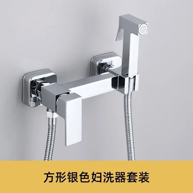 Modern square silver shower faucet set with chrome finish complementing a matte black bidet spray gun set