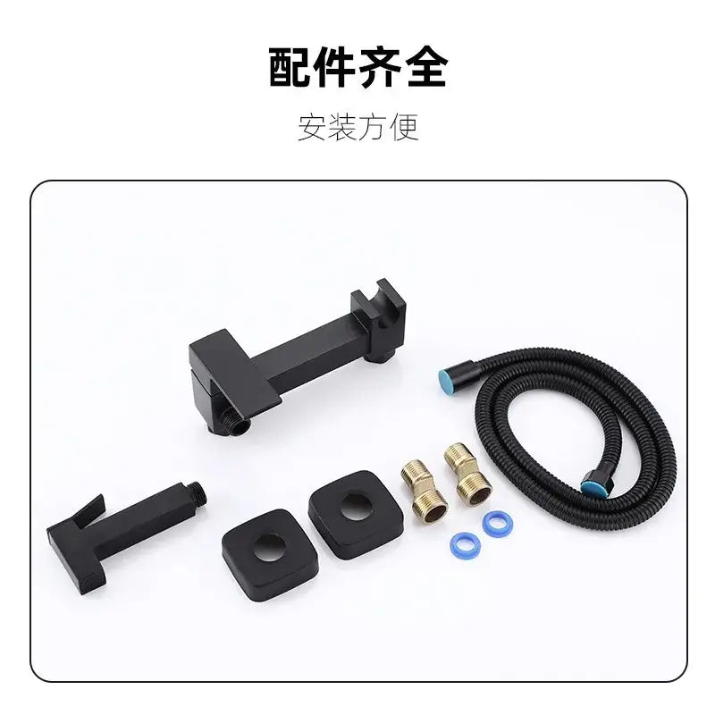 Modern matte black bidet spray gun set with wall-mounted black matte faucet, brass fittings, and coiled black hose