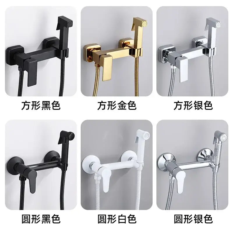 Modern matte black bidet spray gun set with black gold and silver metallic finishes for bathroom handheld use