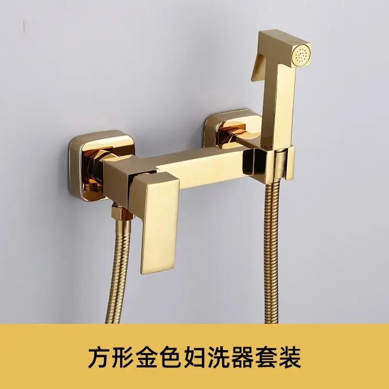 Gold-colored square shower faucet spray gun set with handheld bidet spray and braided hoses for modern bathroom use