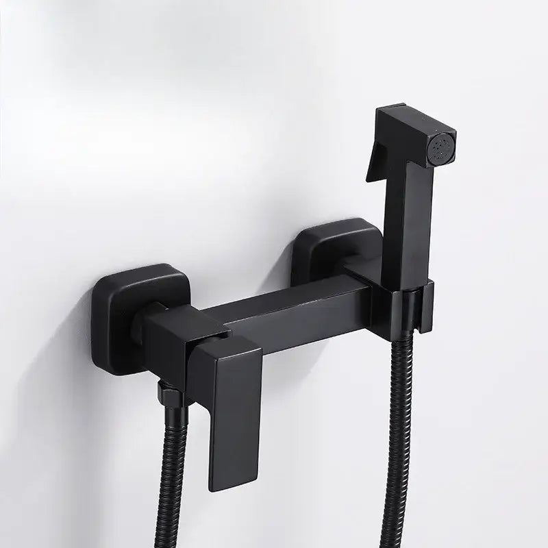 Modern matte black bidet spray gun set featuring a black matte-finished bathroom faucet with handheld showerhead and flexible hoses