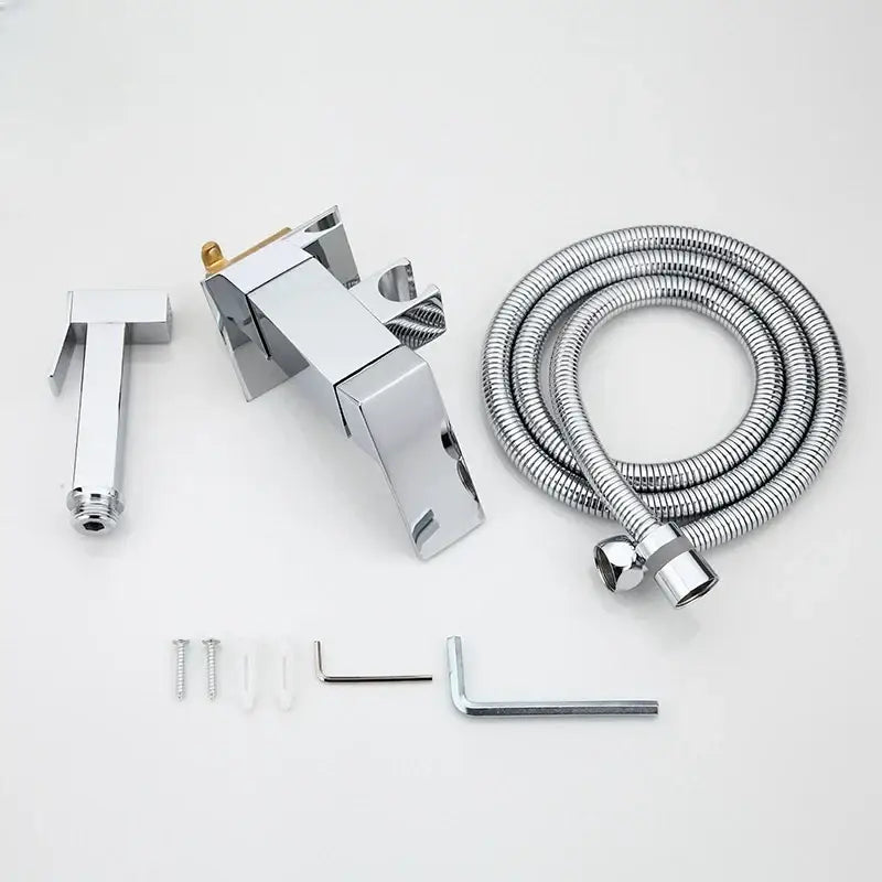 Modern matte black bidet spray gun set with chrome-finished angular faucet and flexible hose for hygienic bathroom use decorbites bidet spray