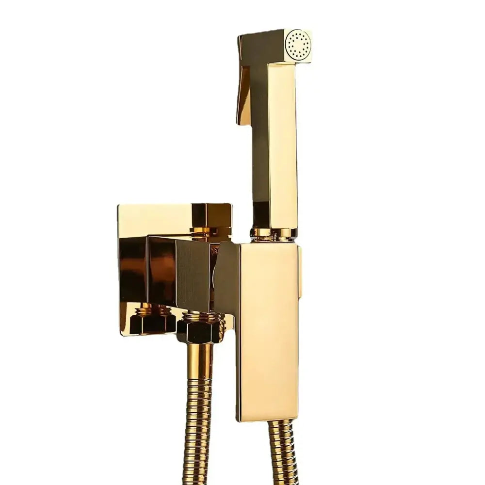 Modern matte black bidet spray gun set with gold-finished rectangular sprayer and flexible hose for bathroom hygiene decorbites bidet spray