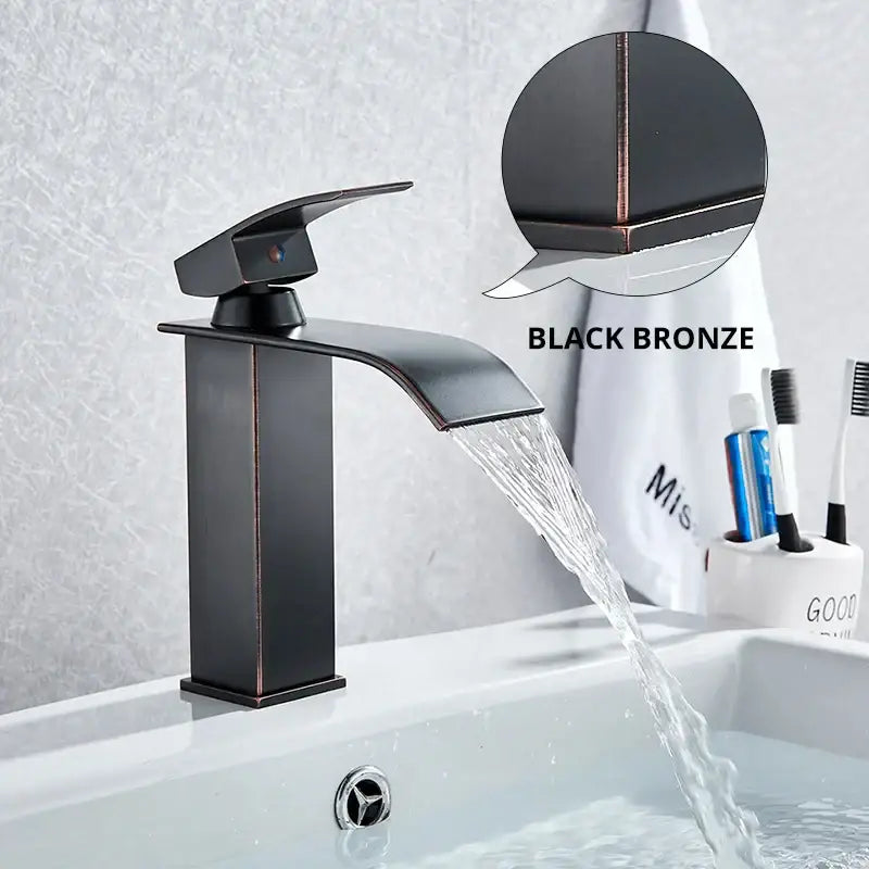 Modern matte black brass bathroom waterfall sink faucet with sleek design featuring decorbites black brass finish