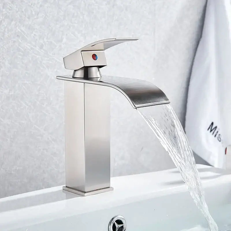 Modern brushed stainless steel waterfall faucet with rectangular design and red dot handle for brass bathroom waterfall decorbites black brass