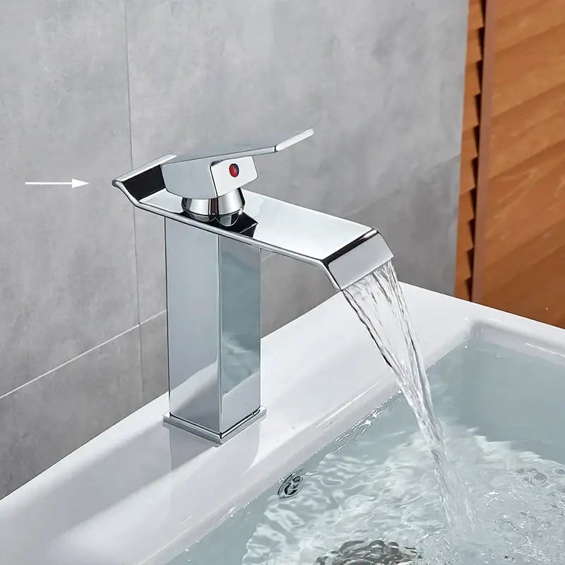 Modern matte black brass bathroom waterfall sink faucet with sleek chrome waterfall spout and single red button decorbites black brass