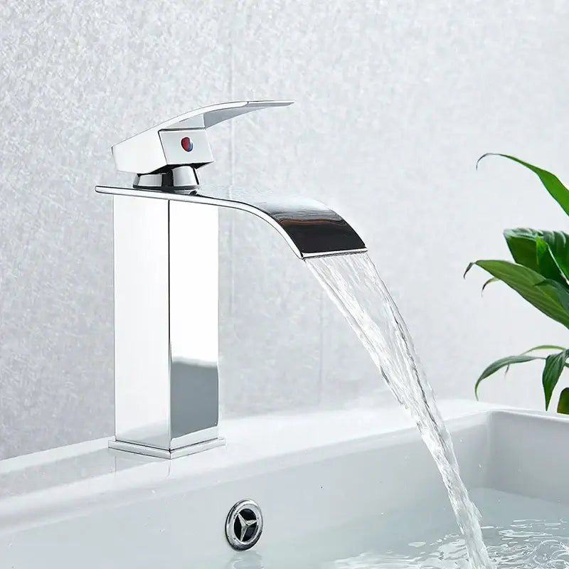 Modern matte black brass bathroom waterfall sink faucet with sleek chrome rectangular waterfall spout and red indicator button decorbites black brass