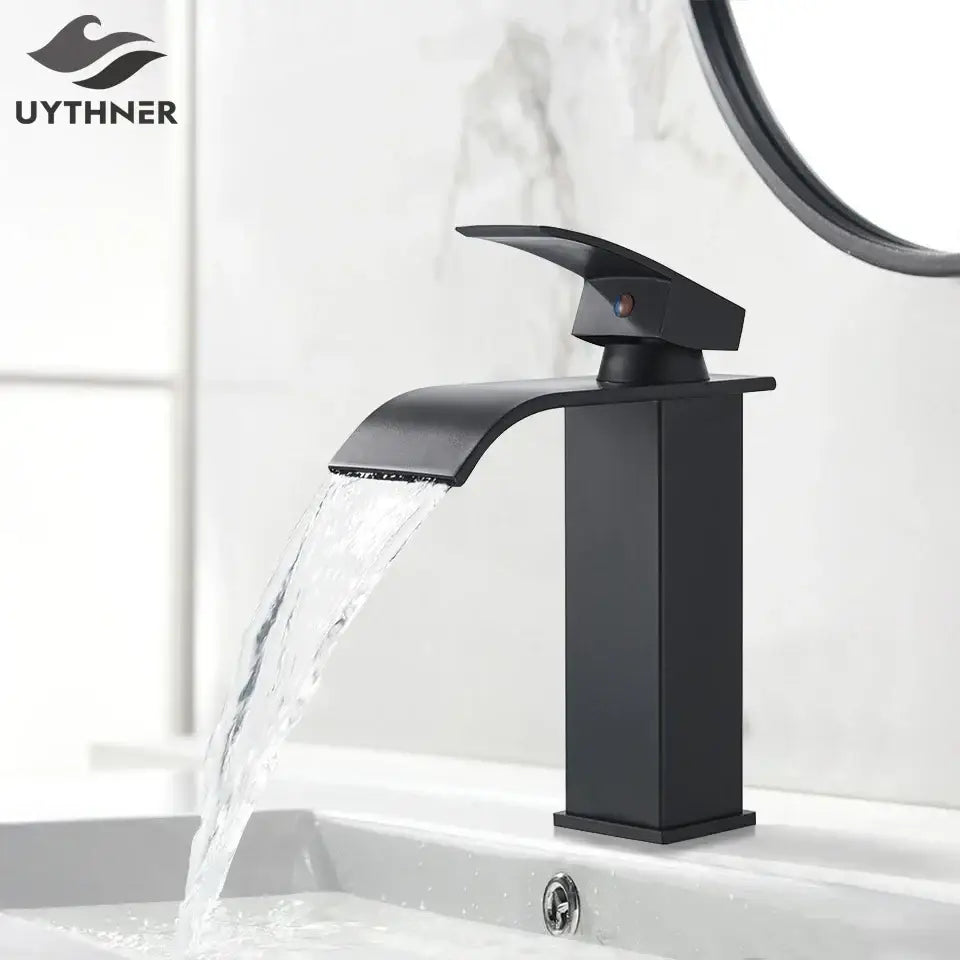 Modern matte black brass bathroom waterfall sink faucet with sleek black brass bathroom decorbites design