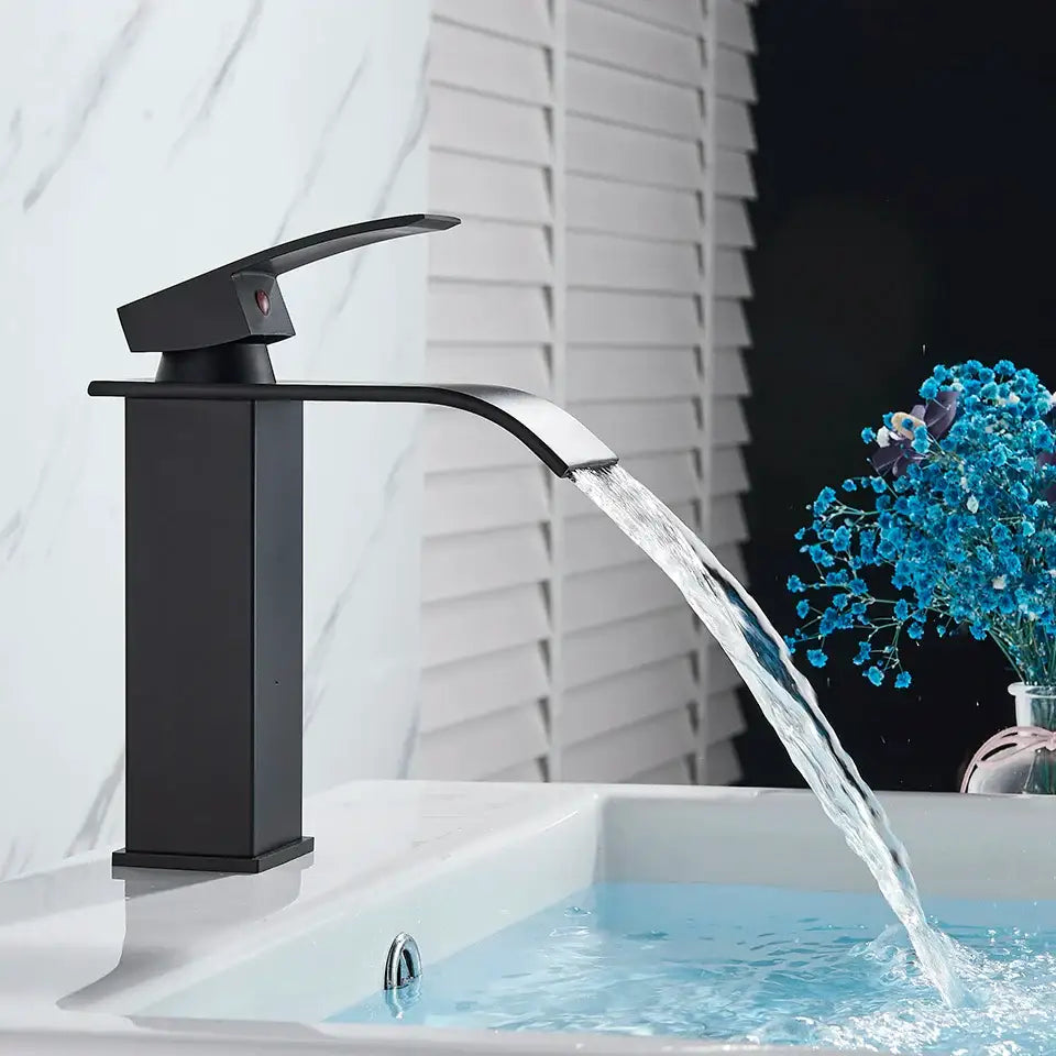 Modern matte black brass bathroom waterfall sink faucet with sleek black matte finish for decorbites black brass decor