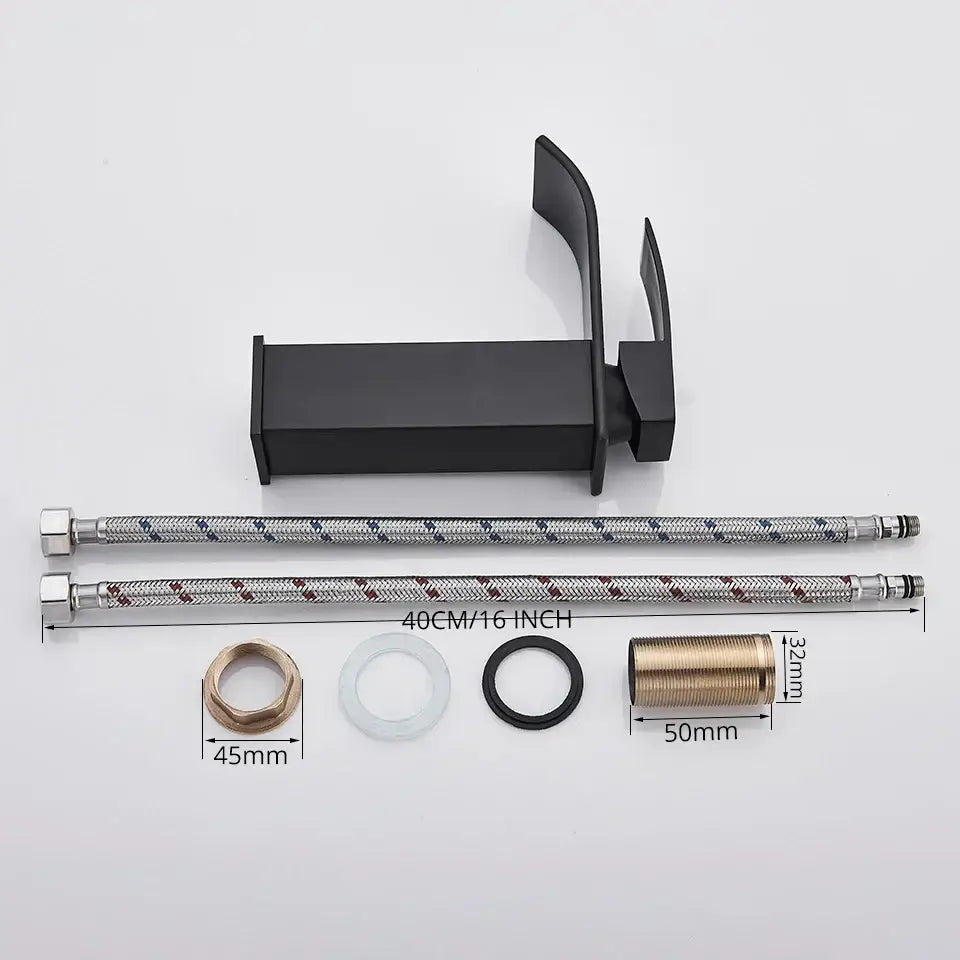 Modern matte black brass bathroom waterfall sink faucet with sleek minimalist design and matching decorbites black brass bracket