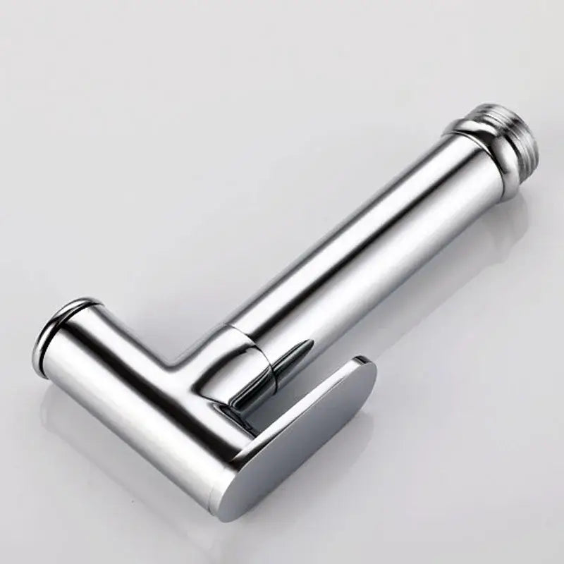 Chrome-finished brass bidet faucet spray nozzle with sleek modern design and threaded connection ends by decorbites