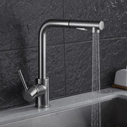 Modern matte black brass brushed nickel kitchen faucet with sleek curved spout and pull-down spray for brushed nickel kitchen decorbites