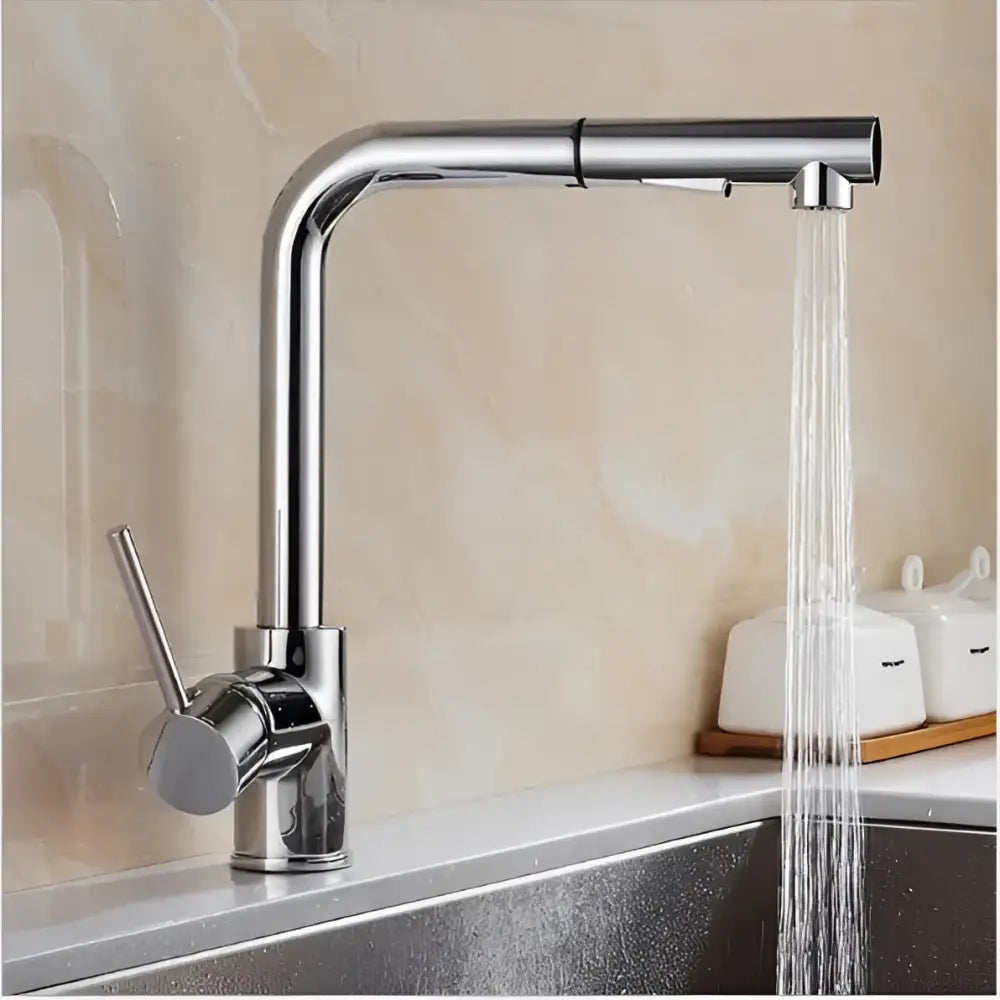 Modern chrome-finished kitchen faucet with sleek curved spout and pull-down spray head in brass brushed nickel decorbites design