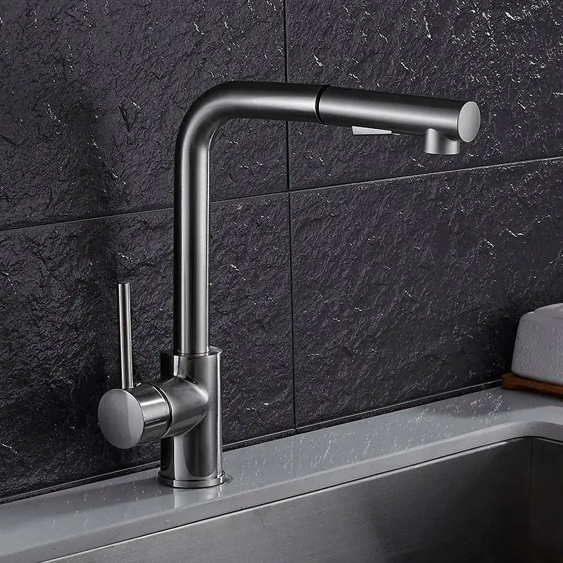 Modern matte black brass brushed nickel kitchen faucet with sleek curved spout and cylindrical handle for decorbites brass brushed style