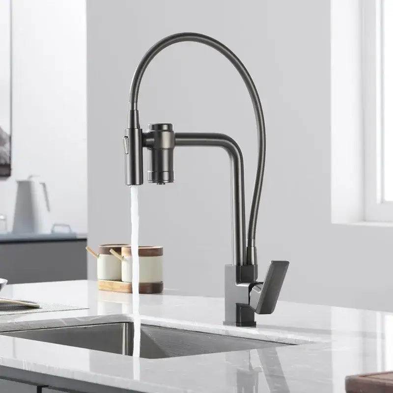 Modern matte black brass flexible 3 way kitchen filter tap mixer with gooseneck spout and pull-down spray head by decorbites black brass